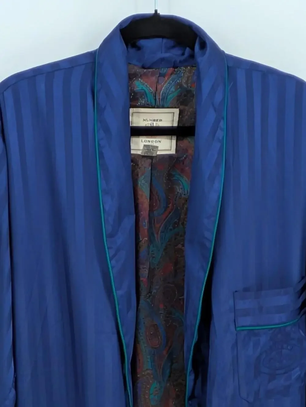 Number 1 London S/M Vintage Paisley Lined Wrap Tie Blue Satin Striped Lux Robe